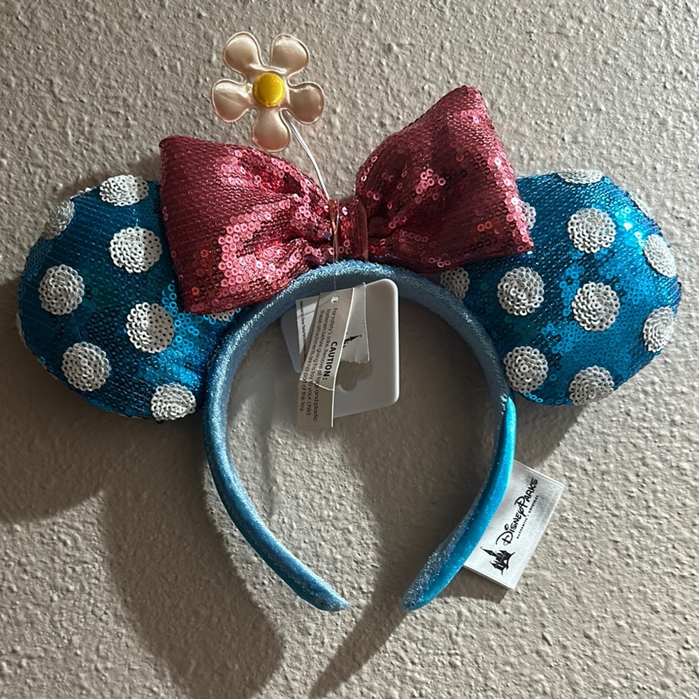 Blue Polka Dot Minnie Mouse Ears with Pink Bow